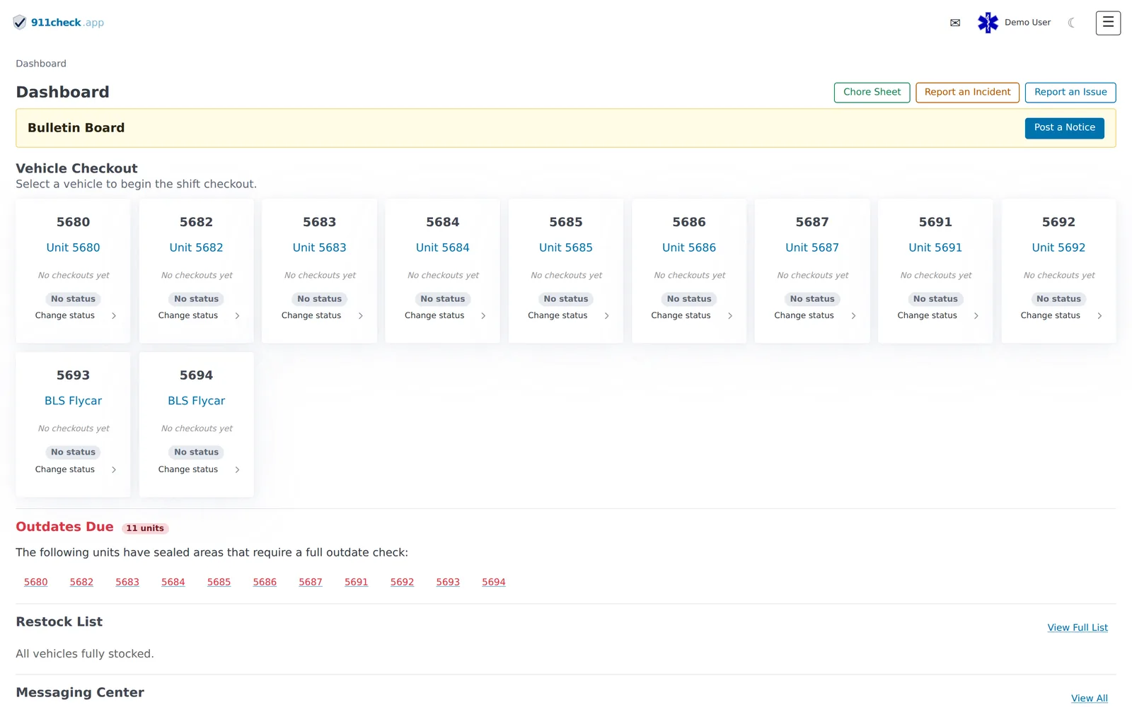 The 911check crew dashboard: a grid of ambulances with status chips and outdate reminders.
